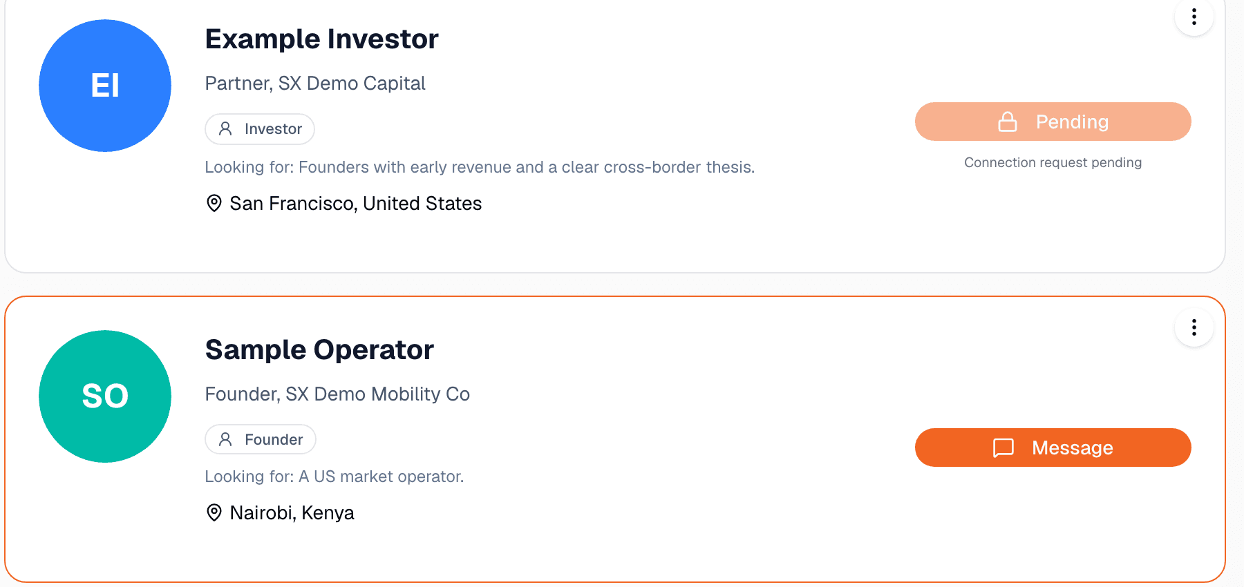 Silicon Xchange dashboard showing recommended companies in the network
