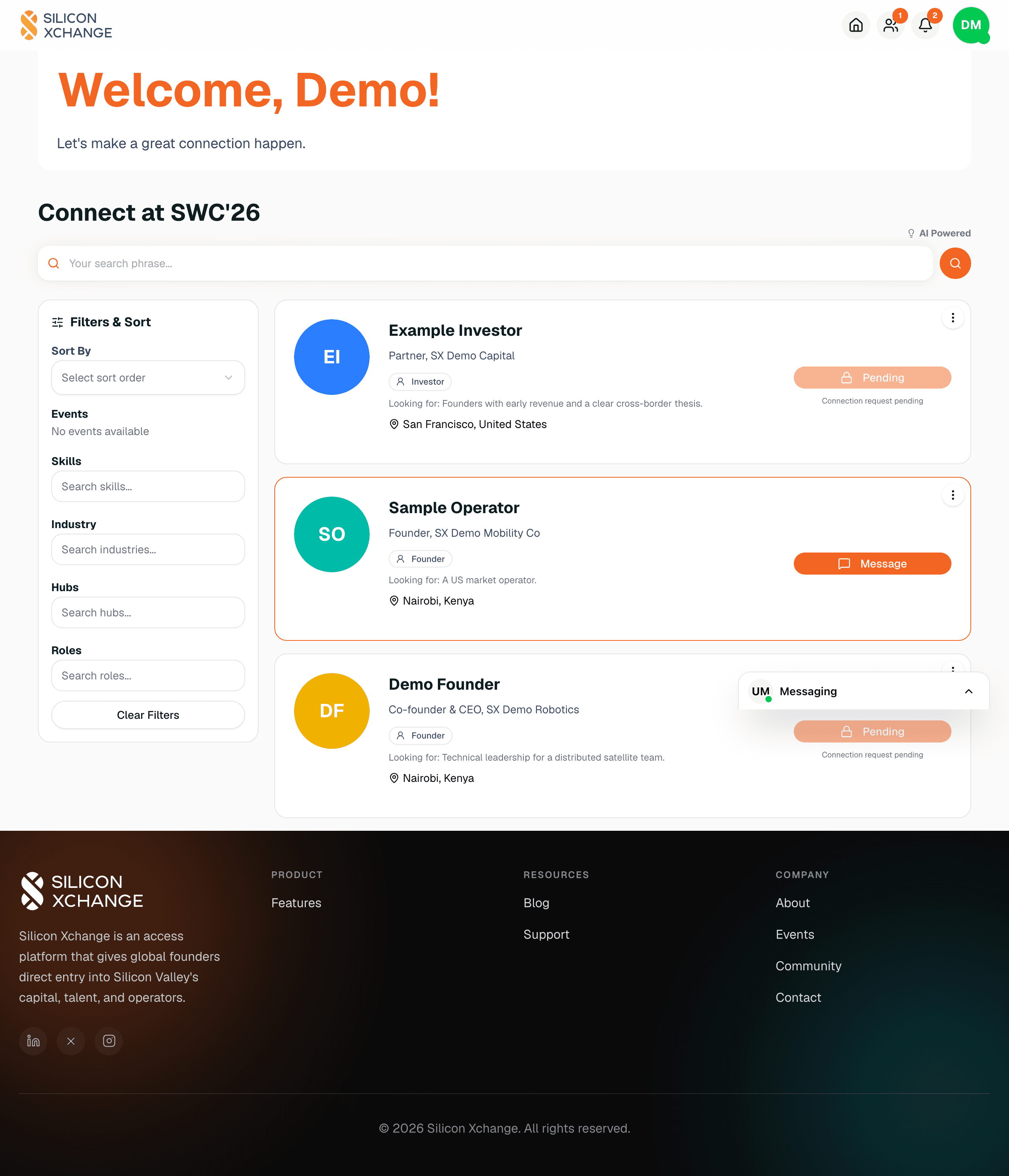 Silicon Xchange dashboard showing search, filters, and recommended members with a Connect button